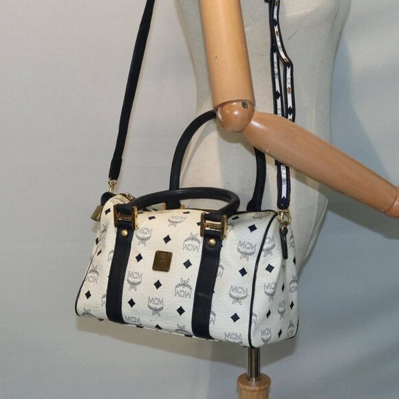 MCM Vicetos Logogram Hand Bag PVC Leather 2way White Gold Auth